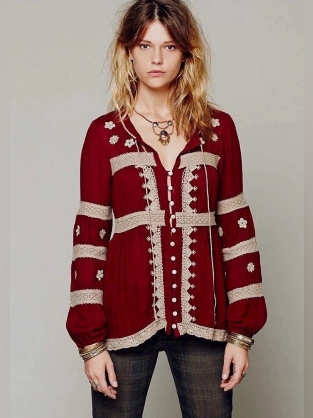 Free People Iris Cranberry Boho Peasant Blouse Button Up Long Sleeve beaded Sz M - Picture 1 of 8
